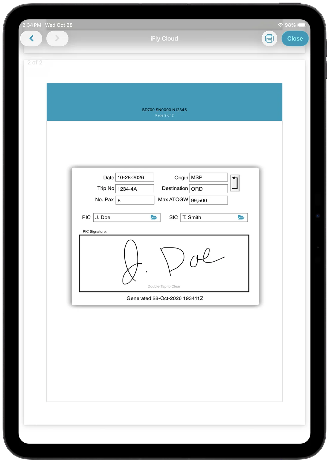 Manifest page 2 in iFly Cloud