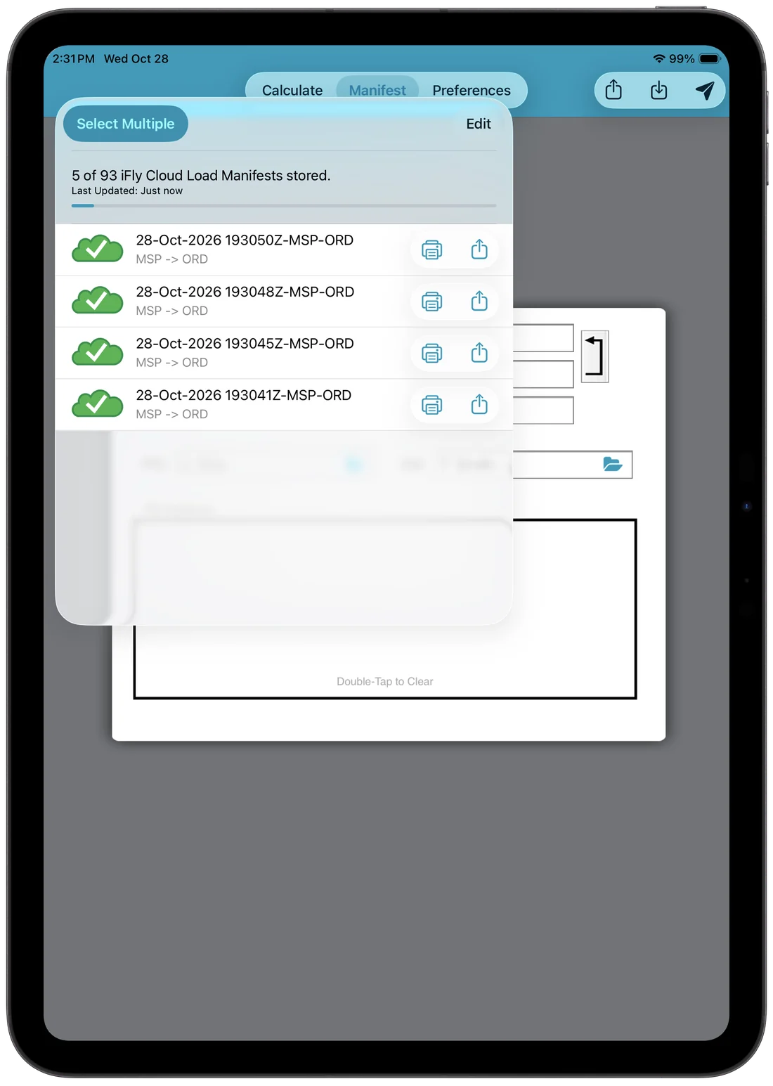 Saved load manifests list with green check marks