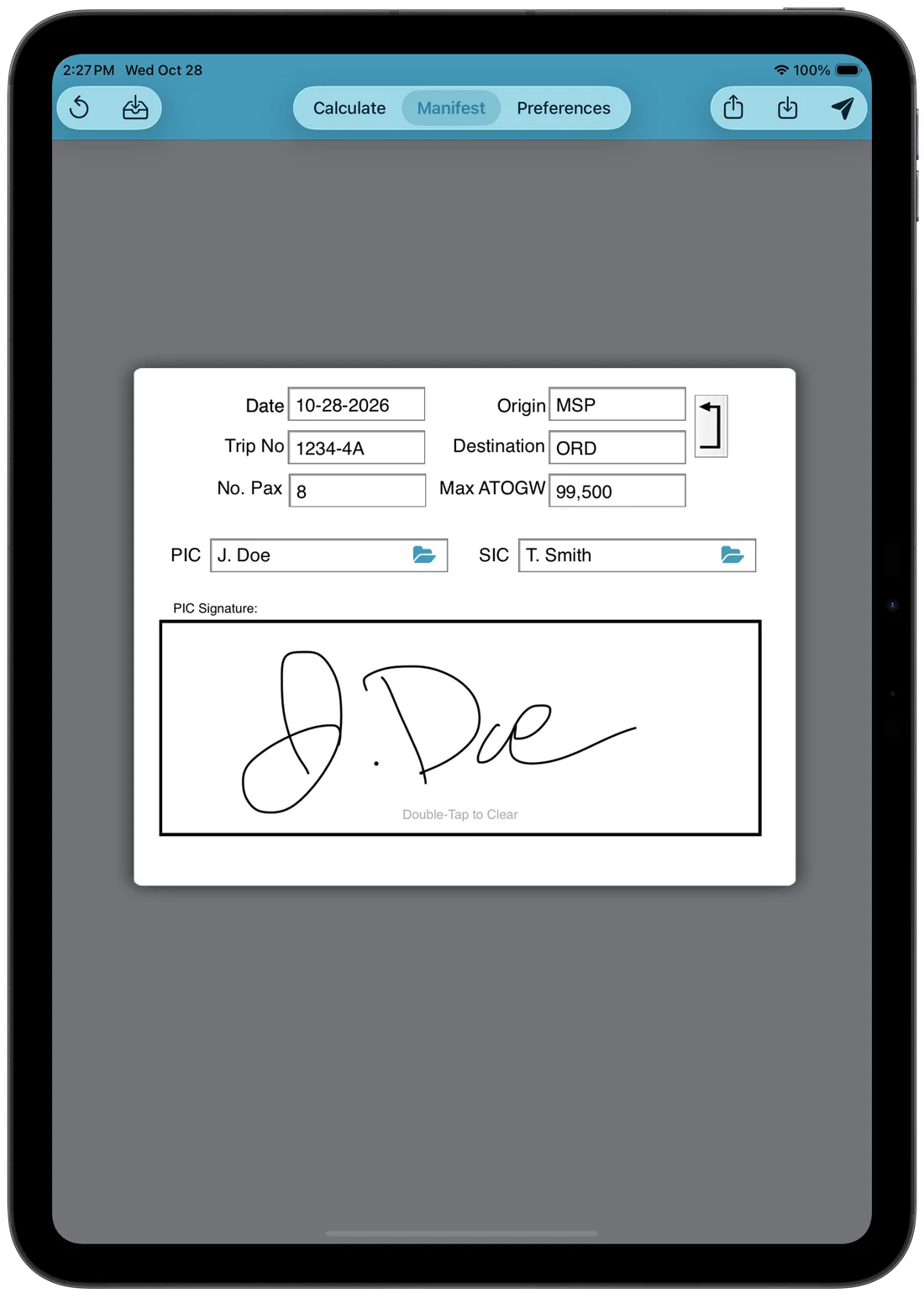 Manifest tab with trip details and signature