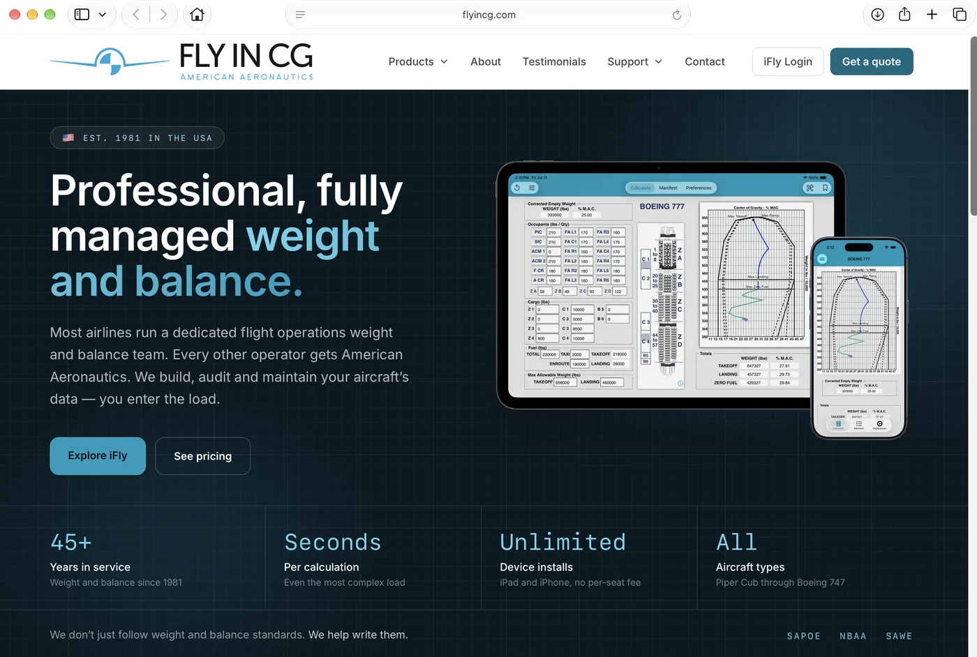 flyincg.com with the iFly Login button in the top right